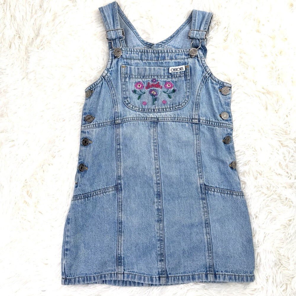 Vtg 90s Cherokee Denim Overall Dress Girls Size 6 Embroidered Floral Cottagecore
